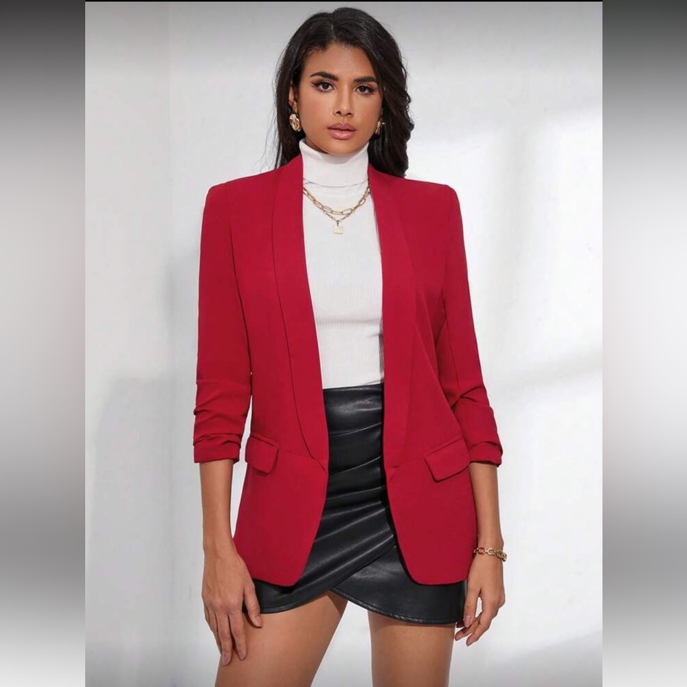 SHEIN Red Ruched-Sleeve Blazer (M)
